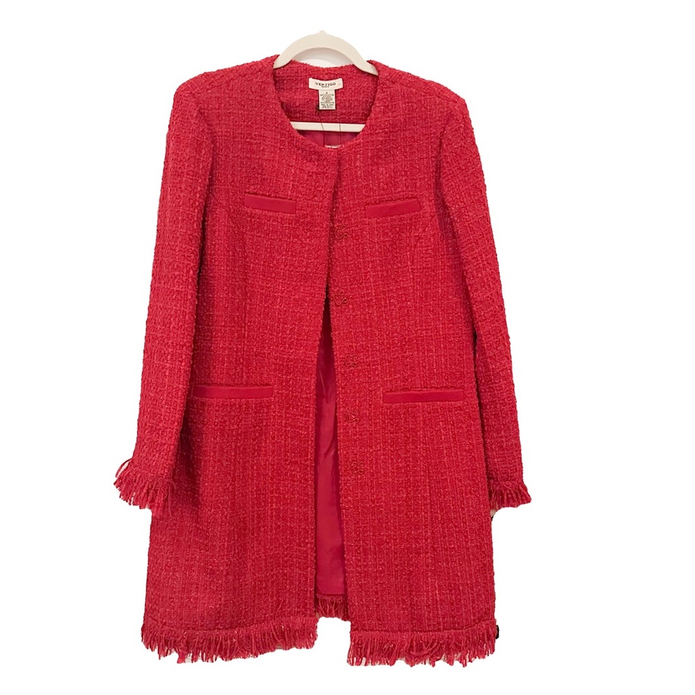 Vertigo Paris Red Tweed Fringe Collarless Coat - new with tags.